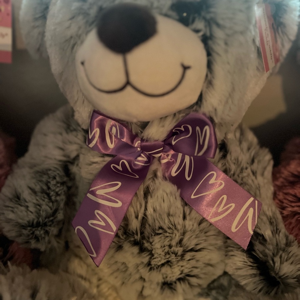 3 Teddy Bears with Purple and Pink  Heart Bow.